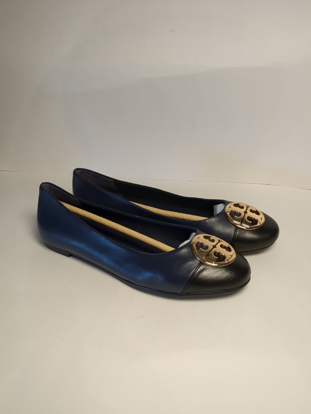 Tory Burch Navy Leather Ballet Flats with Black Cap Toe and Gold Logo